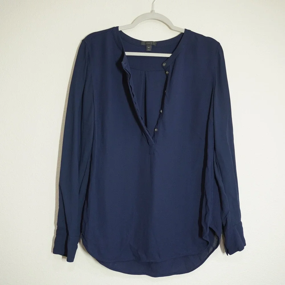 J. Crew Women's Size 14 Shirt Navy Blue Split Neck Long Sleeve Button Blouse Top